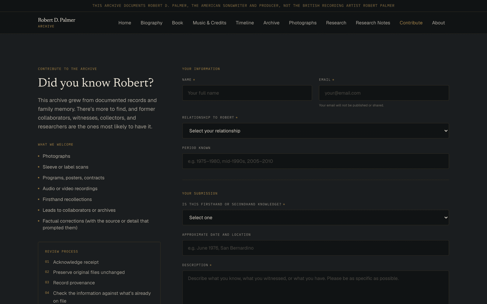 The Contribute page, showing what kinds of material are welcome and a six-step review process from acknowledgment through publication.
