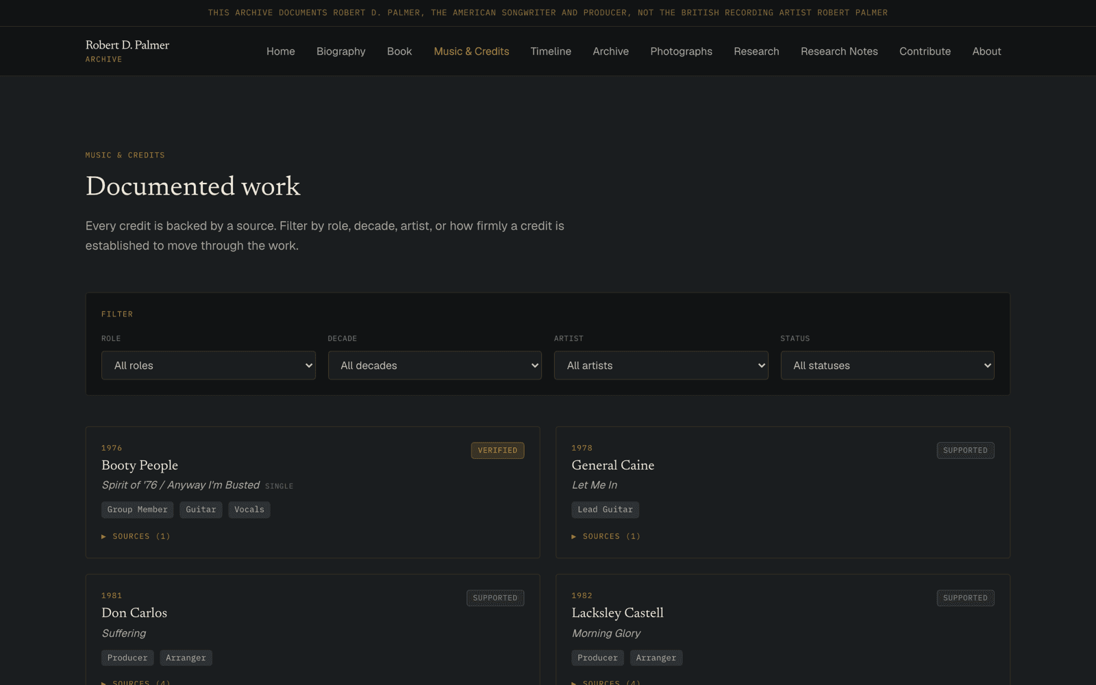 The Music & Credits page listing dated releases with artist names, roles, and a colored status tag next to each entry.