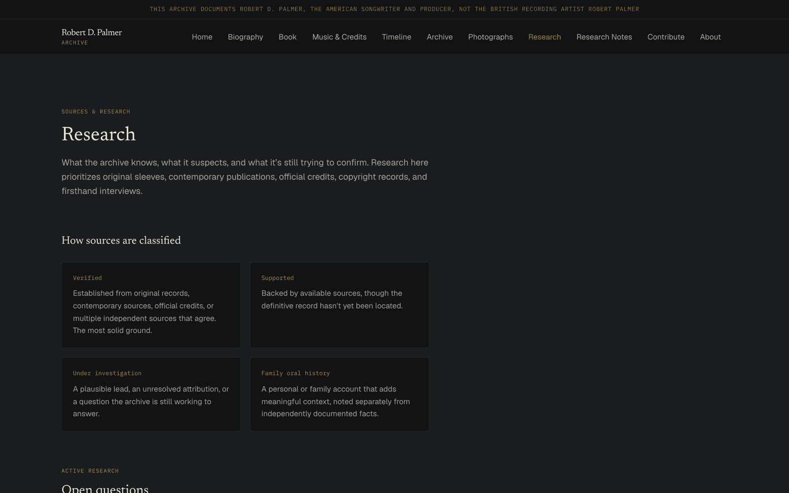The archive's Research page showing four source-classification categories: Verified, Supported, Under investigation, and Family oral history, each with a plain-language definition.
