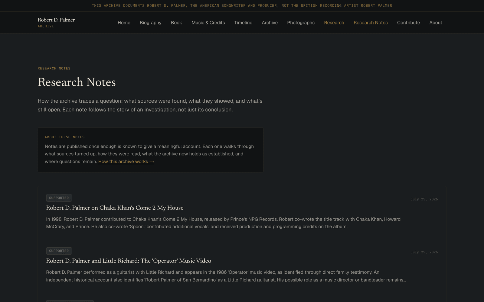 The Research Notes index page listing individual investigations, each with a status tag, a title, a short summary, and a publication date.