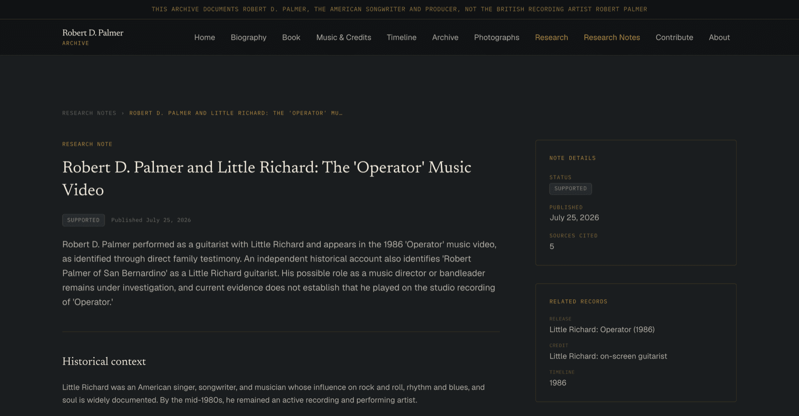 A single research note stating that Robert's appearance in a 1986 music video is supported by two sources, while his specific role remains under investigation and current evidence does not establish he played on the studio recording.